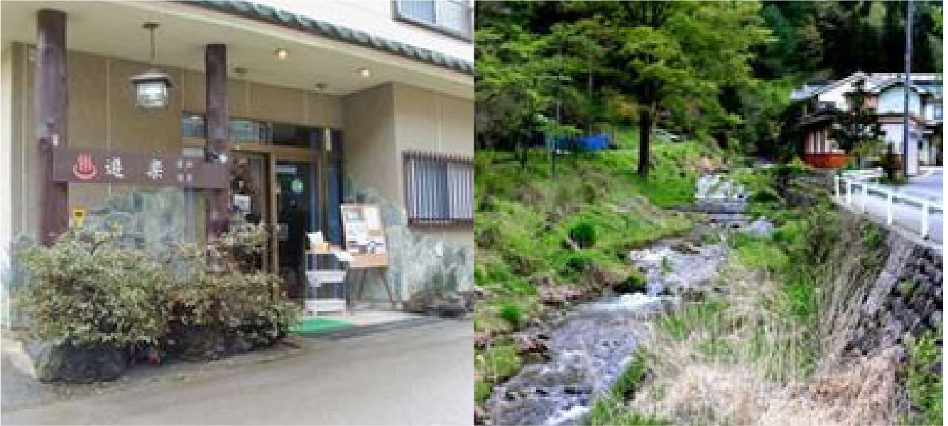 霊泉寺温泉 遊楽 — 上田・霊泉寺温泉 · 玄関と、霊泉寺川のせせらぎに沿う素朴な温泉街