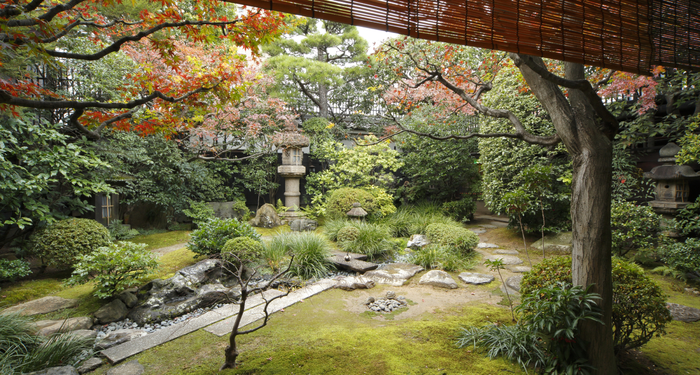 柊家 — 京都・麩屋町姉小路 · 簾越しに見る紅葉と苔の庭、石灯籠